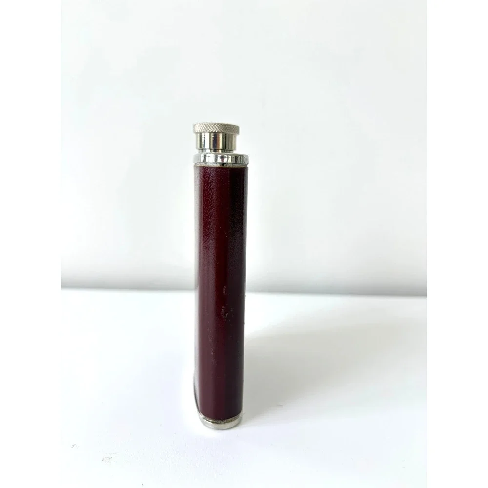 Vintage 6oz Stainless Steel Hip Flask Burgundy Leatherette Wrap Pocket Barware